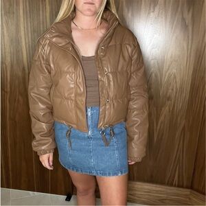 Brown Faux Leather Puffer Jacket